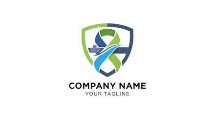 Shield logo design with ribbon and company name for branding.