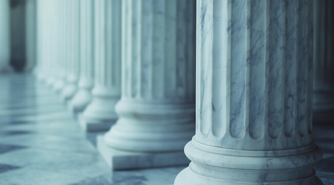 Ancient marble columns stretch across the hall, light and shadow paint a dramatic scene of Greek architecture