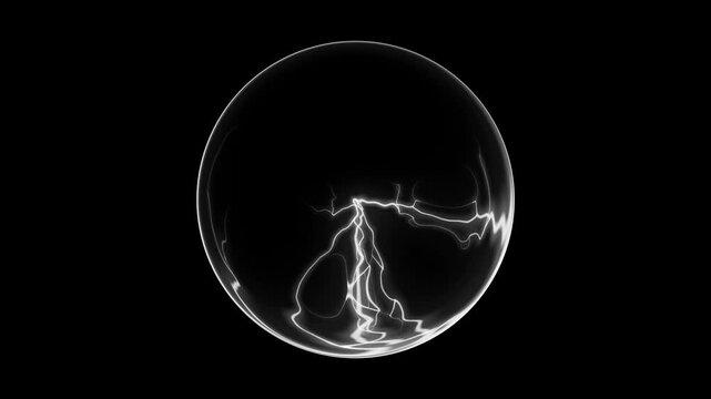 White electricity arcs and flashes inside a glass plasma ball on a black background. For science, technology, or energy concepts