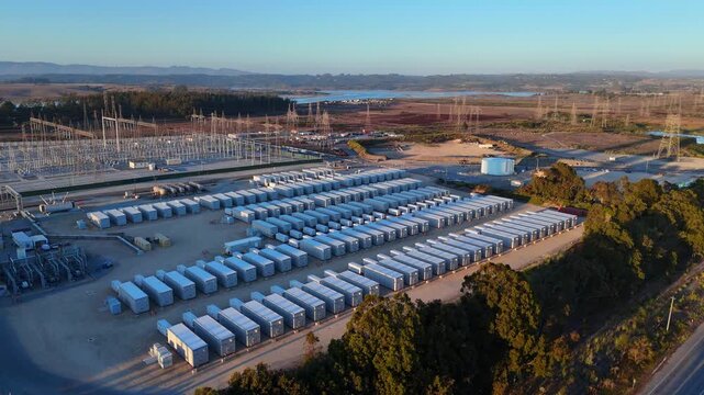 Industrial battery and energy facility at Moss Landing, California, at sunset, one of the largest in the world, 2,500 MWh, California, USA, Sept 2025