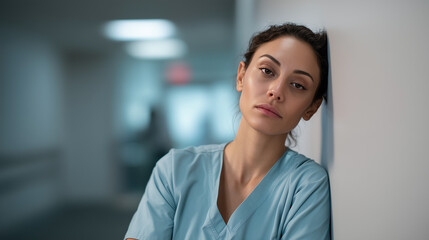 Tired nurse leaning against wall after long shift at hospital
