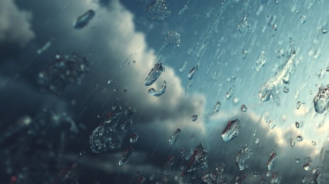 A dramatic view of raindrops on a window, with a stormy sky background. The droplets create a mesmerizing pattern against the dark clouds, conveying the feeling of a heavy downpour