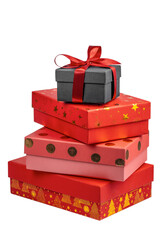 Stack of colorful gift boxes with Christmas decorations, including a black box tied with a red...