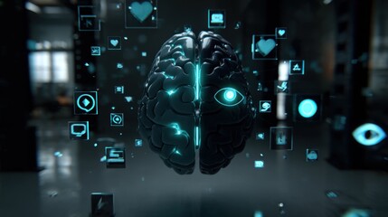 An abstract image of a digital brain surrounded by virtual icons, showcasing the concept of technology and intelligence