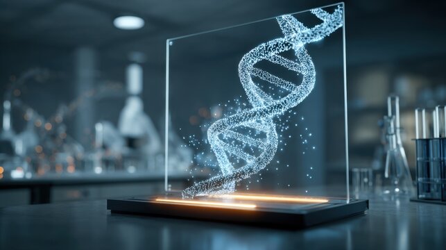 A 3D DNA model on a laboratory table, illustrating a concept of scientific research and exploration. This image captures the essence of genetic study, research, and future possibilities.