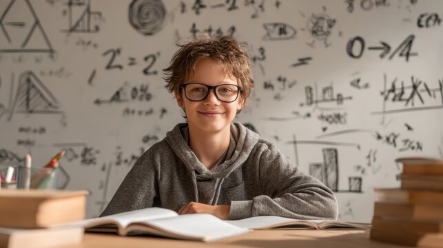 A smiling young student with eyeglasses sitting at a desk with books