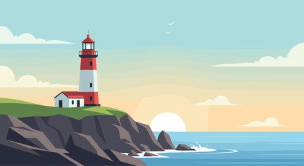 Beautiful sunrise over ocean with lighthouse on rocky cliff, peaceful scenery for travel posters and coastal designs, evoking serenity and adventure