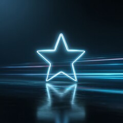 Neon glowing star outline over reflective water on dark background, futuristic cyberpunk light icon.