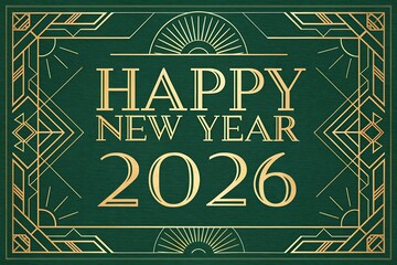Happy New Year 2026 Greeting Card With Gold Art Deco Border On Green Background

