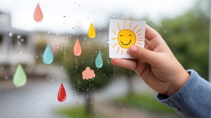 A child's hand holding a drawing of the sun next to raindrop stickers on the window, representing a hopeful message after the rain