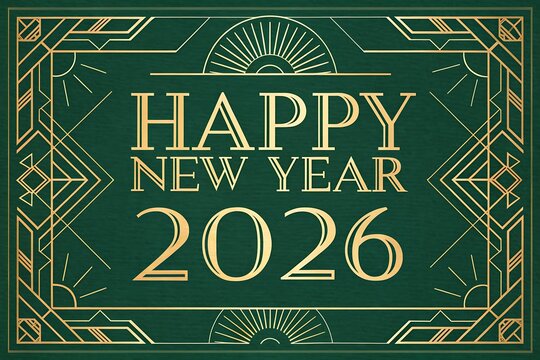 Happy New Year 2026 Greeting Card With Gold Art Deco Border On Green Background
- Powered by Adobe