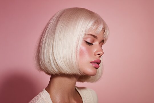 Classic platinum blonde bob hairstyle with blunt fringe on caucasian woman model profile portrait