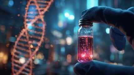 A person in a lab coat is holding a vial of liquid with a DNA model in the background, a science concept