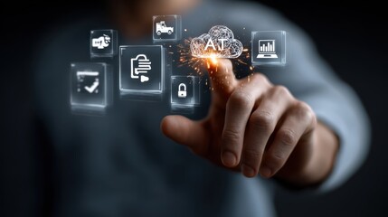 Man interacting with Artificial intelligence network. Modern AI cloud computing concept