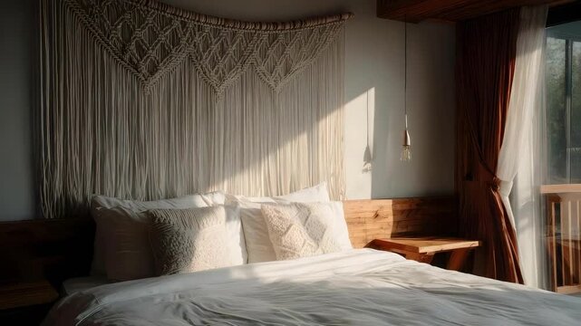 Cozy bedroom with white bed linens, a macrame wall hanging, wooden headboard, and large windows with sheer drapes.