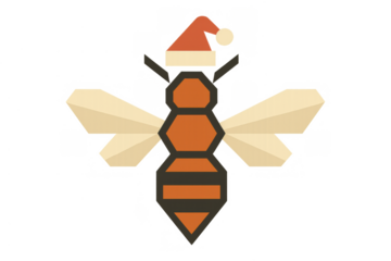 Christmas bee illustration wearing santa hat, holiday season insect graphic, festive geometric honeybee preparing for celebration
