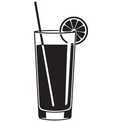 Tall glass of dark beverage with straw and lemon slice