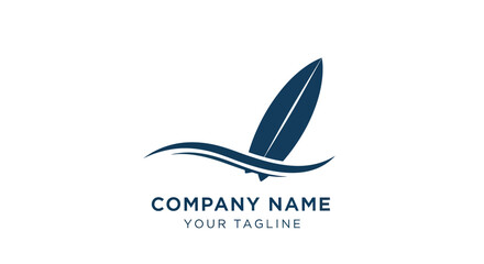 Surfboard logo design with waves and company name for branding.