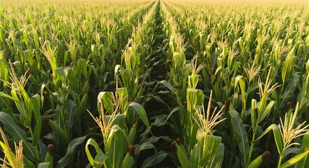 Drone view of a large corn plantation, corn neatly arranged with a background of large corn.