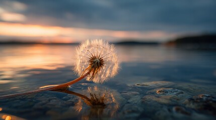 A delicate dandelion head gracefully resting near a tranquil body of water, capturing a moment of serenity