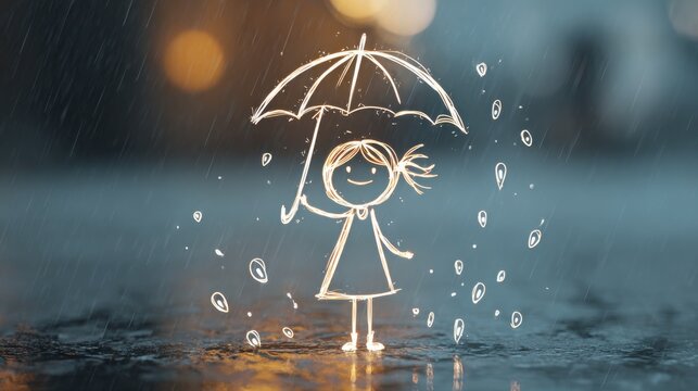 A cute illustration of a girl holding an umbrella in the rain, a sweet drawing for a book cover or poster design. Rain and umbrella drawing for children - Powered by Adobe