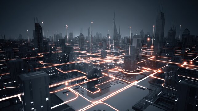 A futuristic city with interconnected glowing pathways