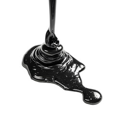 A viscous black liquid resembling engine oil pours and spills onto a white surface with a glossy sheen
