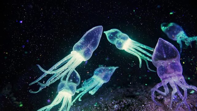 Group of glowing bioluminescent squids floating in dark ocean waters, illuminated in blue and purple light.