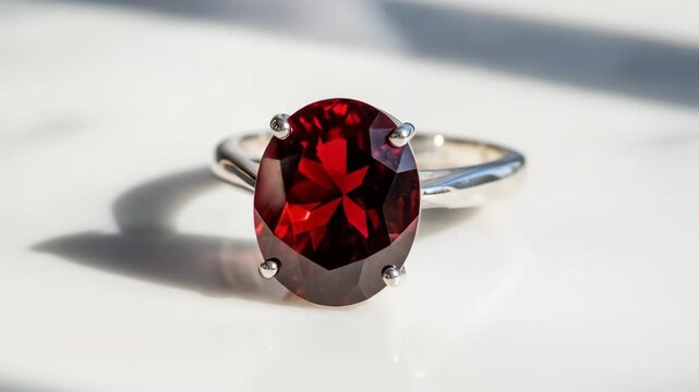 Elegant ring with a red gem stone on a white surface, close up shot