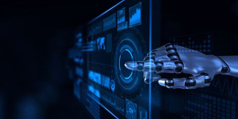 Robotic Hand Operating Futuristic Data Interface in Artificial Intelligence and Machine Learning Environment. 3d render.