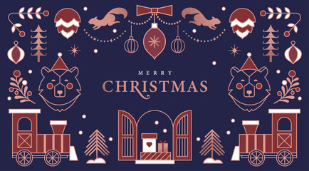 Christmas vector illustration with rose gold and brown Christmas elements on blue background. Season's greeting design for banner, poster, cover, greeting card.   © LittleWhale