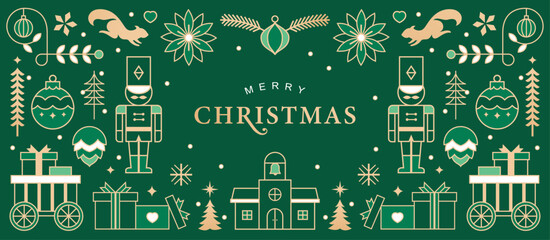 Luxury Christmas vector illustration with golden outline Christmas elements on green background. Season's greeting design for banner, poster, cover, greeting card.

