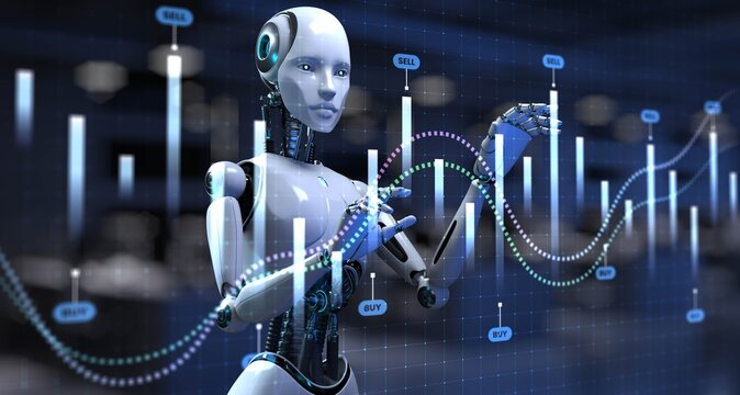 AI-Driven Trading with Predictive Analytics and Financial Indicators. 3d render.