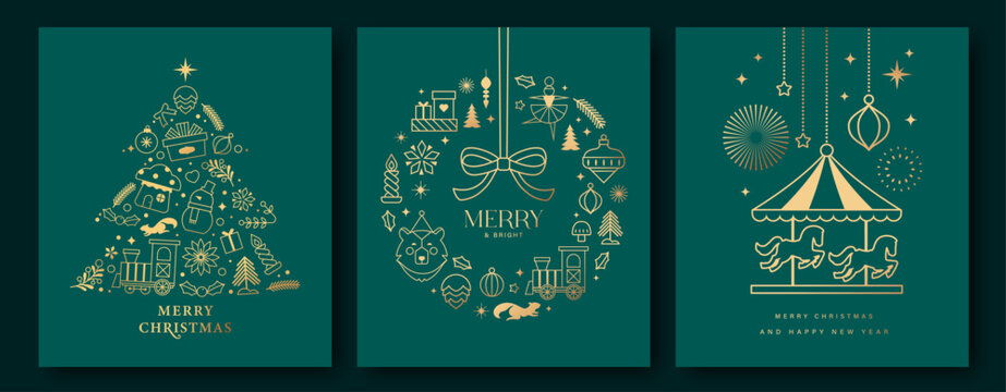 Luxury Christmas vector illustration with golden Christmas elements on green background. Season's greeting design for banner, poster, cover, greeting card.