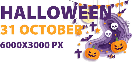 Halloween Background with Pumpkins, Moon, and Bats &ndash; Spooky Paper Cut Style Illustration for October 31 Celebration