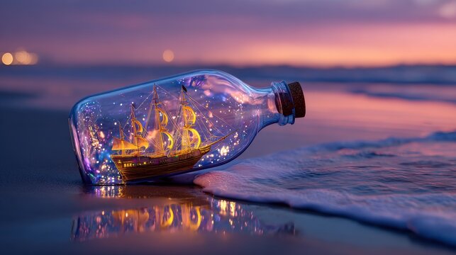 A ship-in-a-bottle rests on the shore as the waves gently roll in - Powered by Adobe