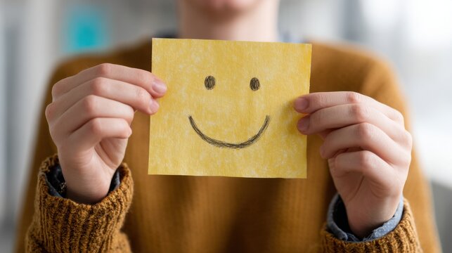 A person holding a sticky note with a smiley face, conveying positivity