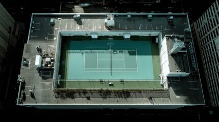 Fototapeta premium An aerial view captures a tennis court on a rooftop