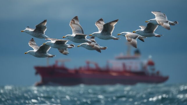 A flock of seagulls flying gracefully above the sea, with a blurred ship in the background