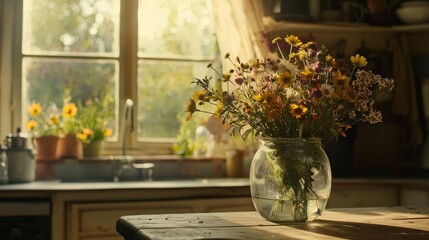 Fototapeta premium Sunlit rustic kitchen with wildflowers in glass jar.