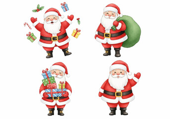 charming watercolor illustrations of santa claus with gifts and candy canes for christmas