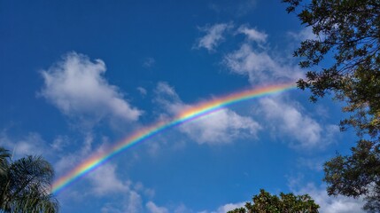 Obraz premium A vibrant rainbow arcs gracefully across a bright blue sky, adorned with fluffy white clouds, creating a scene of hope and beauty.