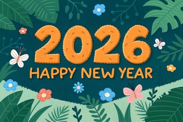 Fototapeta premium 2026 Happy New Year Greeting With Tropical Leaves, Flowers, and Bright Orange Text