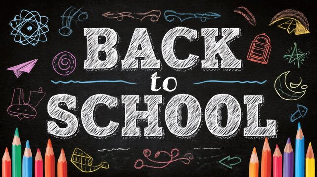 A colorful Back to School themed banner with various educational elements such as pens, books and notebooks, all arranged on a chalkboard style backdrop