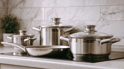 Elegant arrangement of stainless steel cookware in a modern kitchen setting, with a subtle focus on the quality of culinary equipment