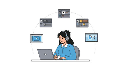 Woman creating amazing video content with laptop and stylish headset in a creative workspace, perfect for digital marketing campaigns now!