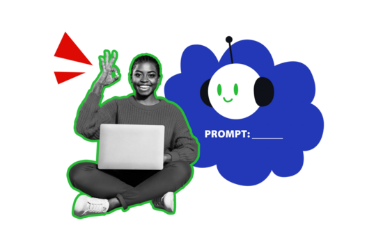 Creative photo poster trend art collage image of happy american girl type laptop robot notification prompt artificial intelligence app - Powered by Adobe