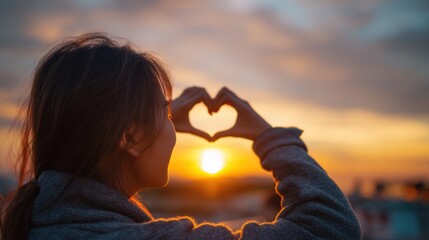 A woman creates a heart shape with her hands against a beautiful sunset sky