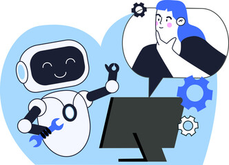 Flat vector illustration of a robot with artificial intelligence assisting a human technician in repairing a computer. Concept of AI support, technology collaboration, and futuristic workplace automat