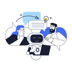 Flat vector illustration of an AI robot providing chat support and helping people communicate online. Concept of artificial intelligence, digital assistant, and human–machine interaction. 